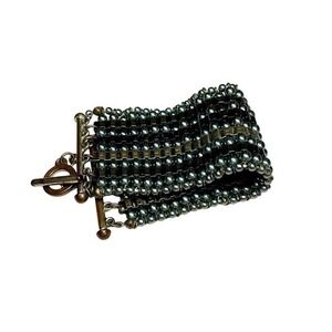 Beaded Cuff Bracelet About 7 Inch Grey Bronze Wide Multi Strand Toggle Clasp